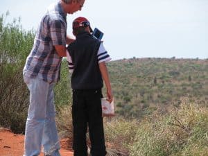 Father and son studying outdoors