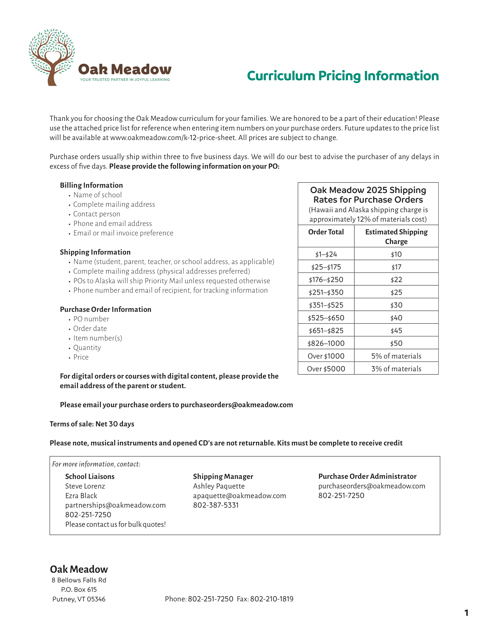 Price List for Oak Meadow